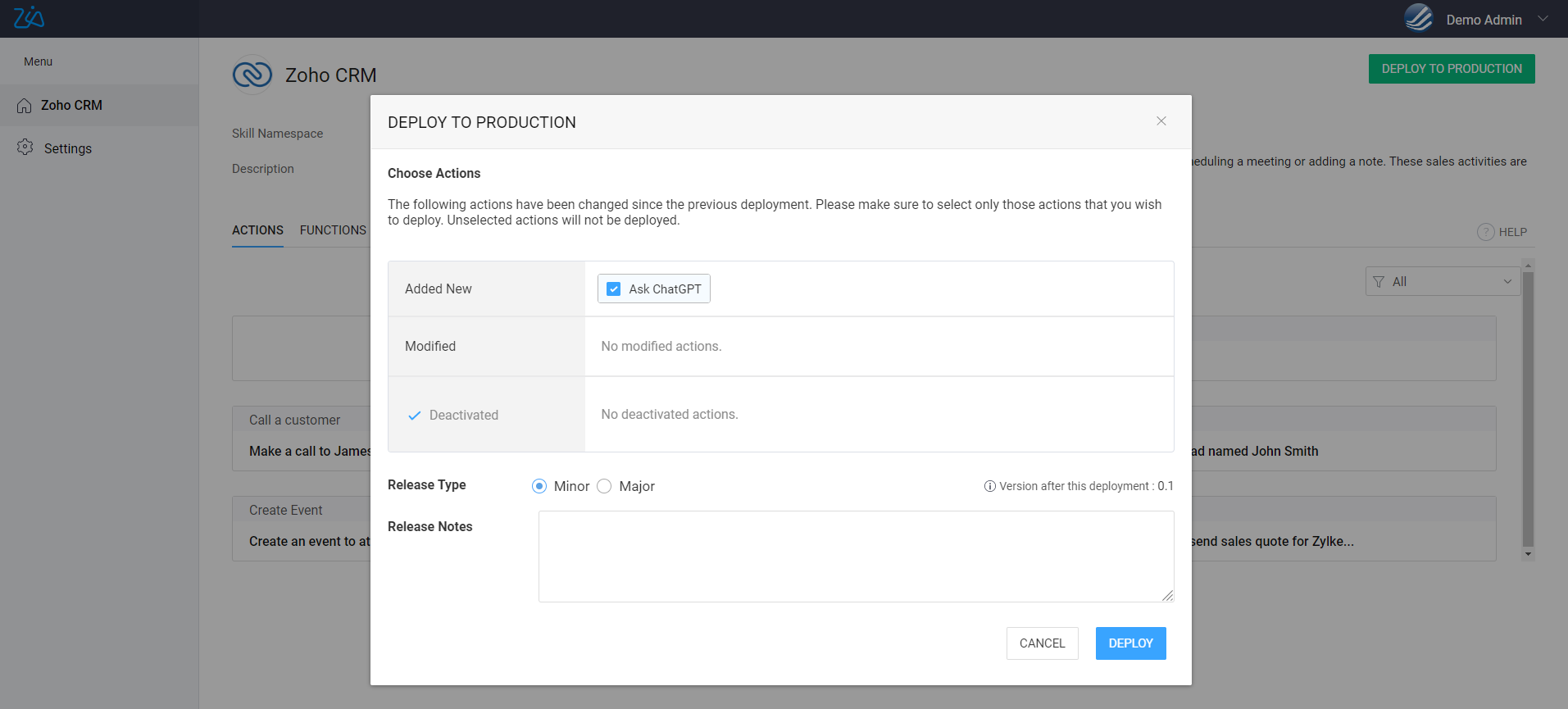 ZohoCRM: Integrate ChatGPT to ZohoZIA: Deploy to Production