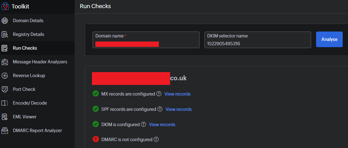 Zoho: Email Deliverability / SPF / DKIM / DMARC / Toolkit : Run Checks