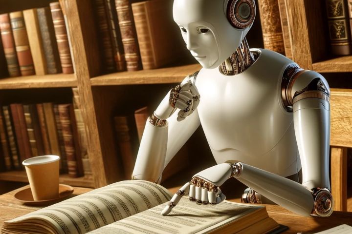 Humanoid robot looking up some details from a book