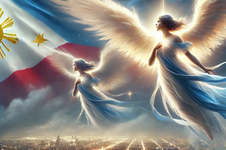 A serene yet powerful image depicting angels hovering over a city, with the angels and the sky rendered in the colors of the Philippine flag
