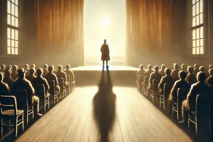An evocative scene inspired by 'Room with a View' by E.M. Forster, depicting a person standing on a stage, facing the sunlight.