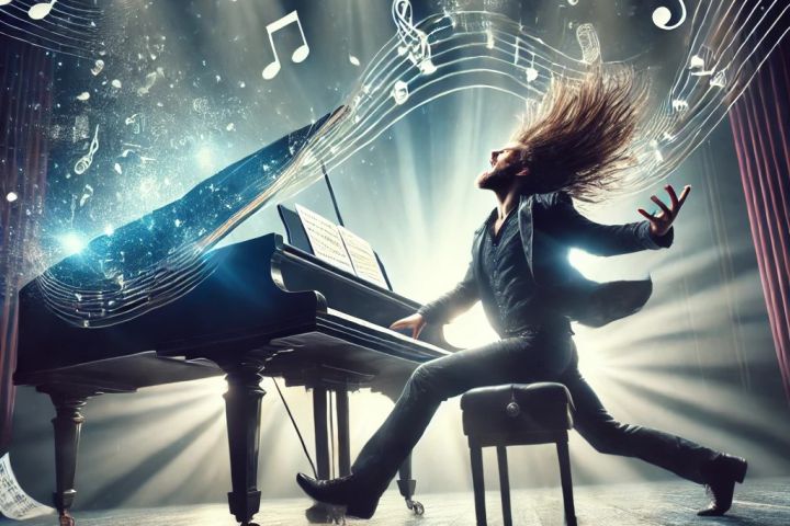 A dynamic and energetic scene featuring a musician with long hair, energetically playing a grand piano on a dimly lit stage