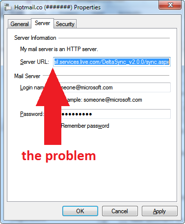 Windows Live Mail - Server URL DeltaSync