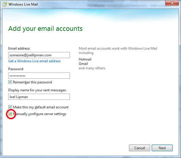 Windows Live Mail - Manually configure server settings