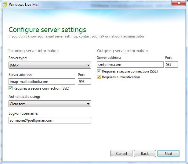 Windows Live Mail - Configure server settings