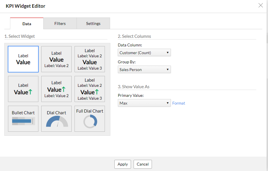 Zoho Analytics Setup Widget - KPI Widget Editor - Data