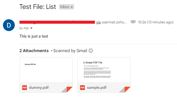 Zoho Creator: Send mail a list of attachments: Result