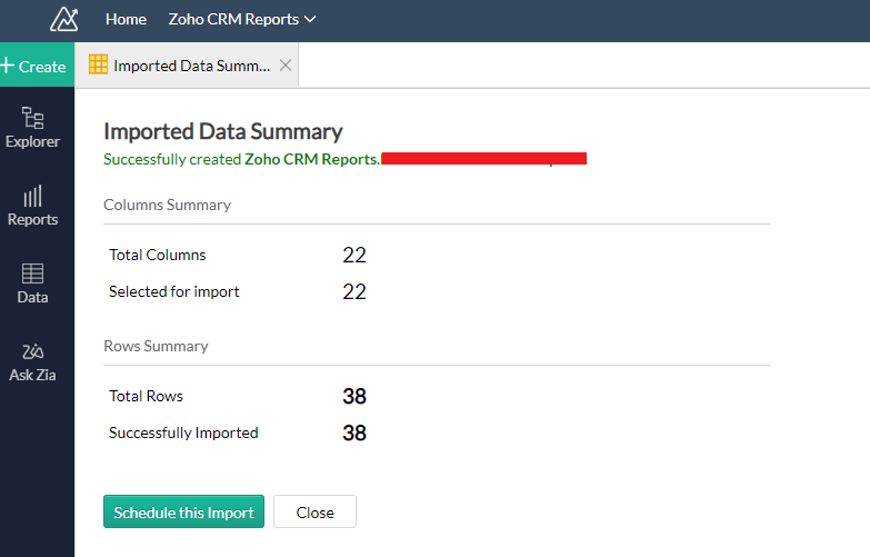 Zoho Analytics: Setup DataSource via FTP Connection: Imported Data Summary
