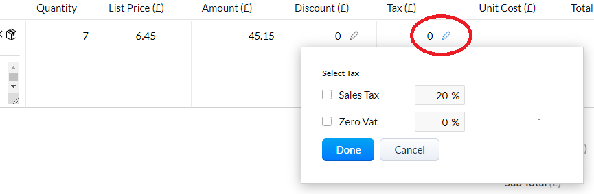 Zoho CRM: Standard Setup for Tax Rates: Apply a tax rate to a line item