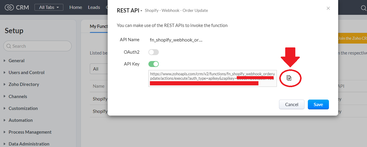 Shopify Webhook to Zoho Creator: CRM REST API Function